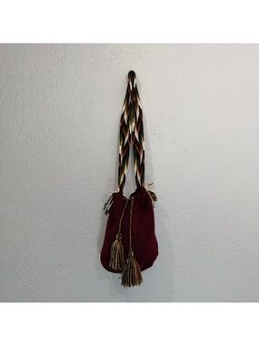 Handmade Authentic Colombian Wayuu Mochila Bag | Burgundy Crochet Bucket Bag